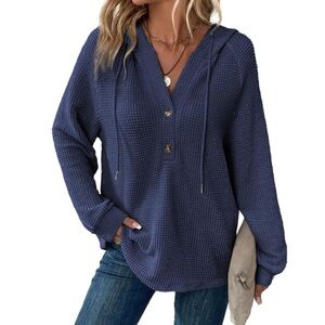 NWT Navy Blue Waffle Knit Hoodie ALO LULULEMON RHYLE REYVIVE aje fear of god nsf